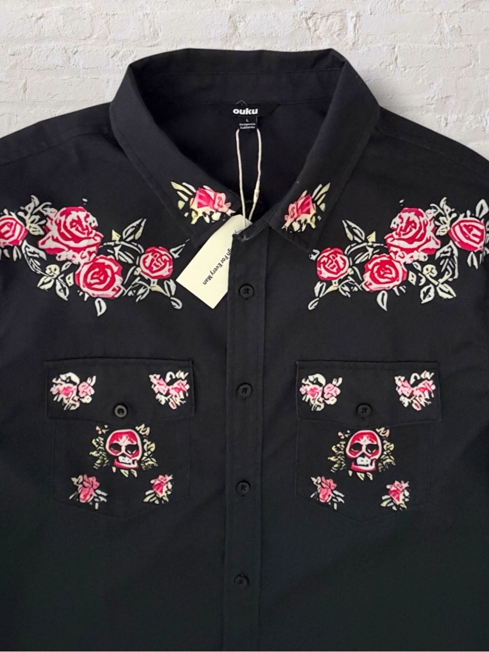 OUKU Men’s L Black Western Shirt Rose Skull Floral Cowboy Button Up NWT - Picture 2 of 13